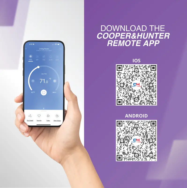 Hand holding smartphone with temperature control for cooper & hunter multi zone ductless mini split
