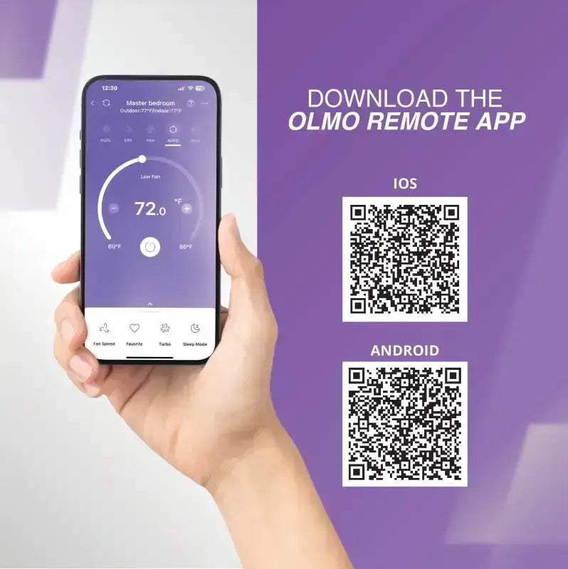 Hand holding smartphone thermostat app for 115V Through-the-Wall Air Conditioner
