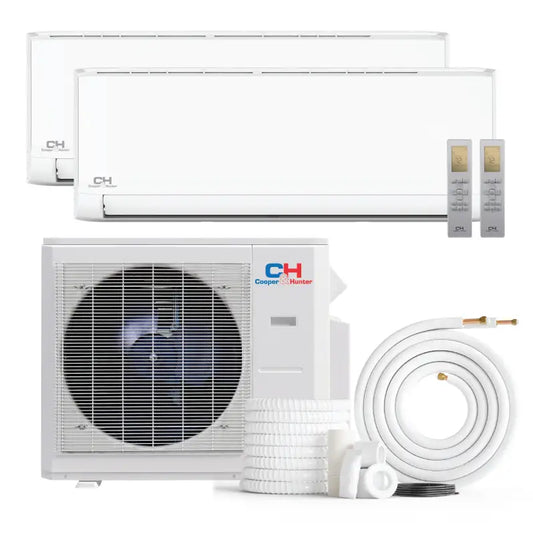 White mini-split air conditioner from Cooper & Hunter 2 zone ductless mini split system