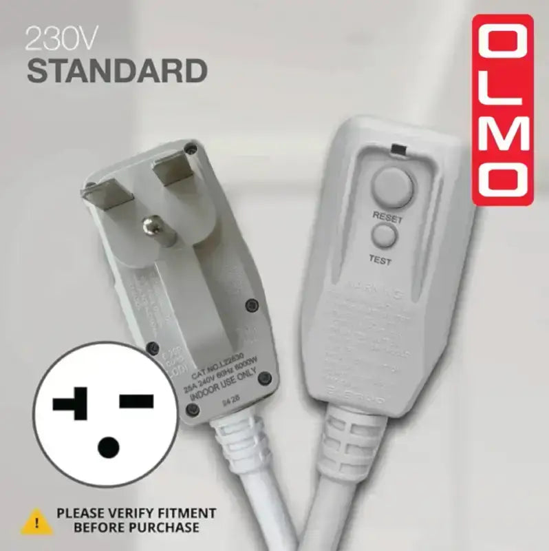 White 230V power cord with reset test buttons for 115V through-the-wall air conditioner