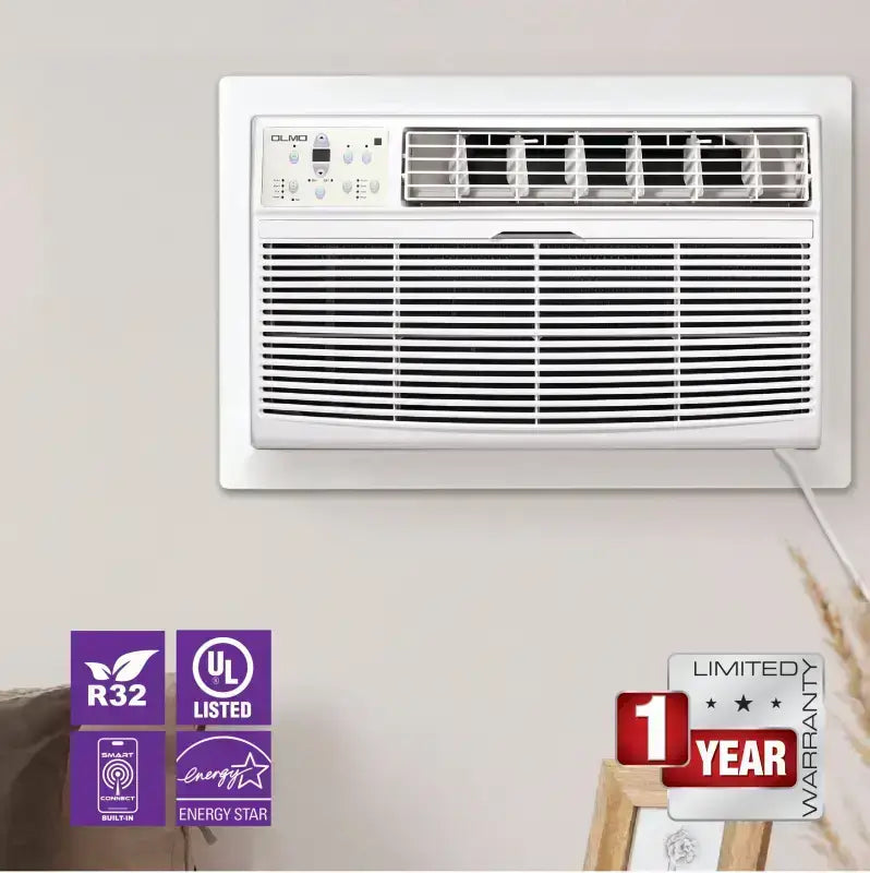 White 115V Through-the-Wall Air Conditioner with Remote and R32 refrigerant for heating and cooling